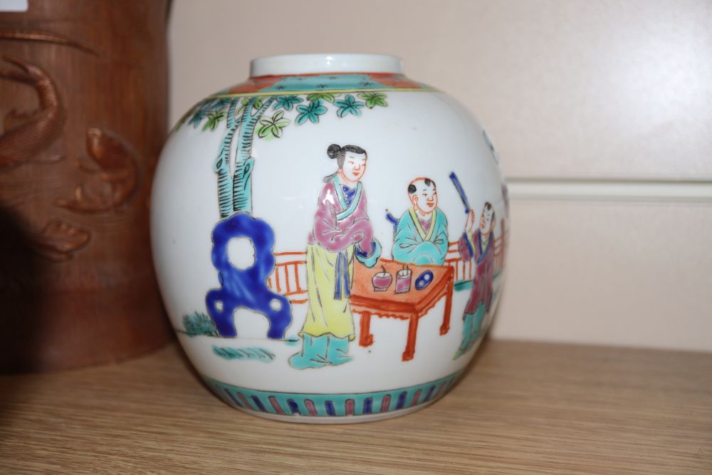 A Chinese bamboo brushpot, an Imari bowl, a Chinese vase, a bowl, a jar and two lids, largest diameter 28cm